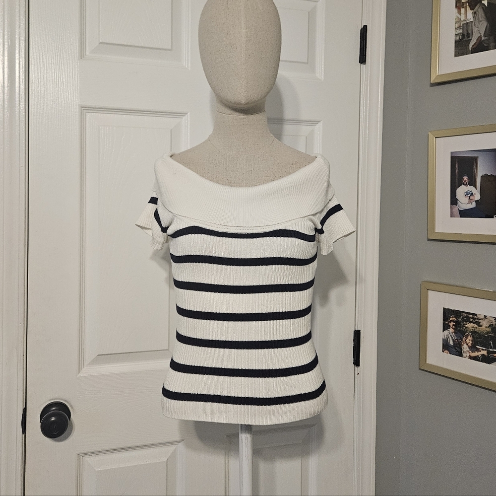 Pink Rose Off-the-Shoulder Sweater in White and Navy